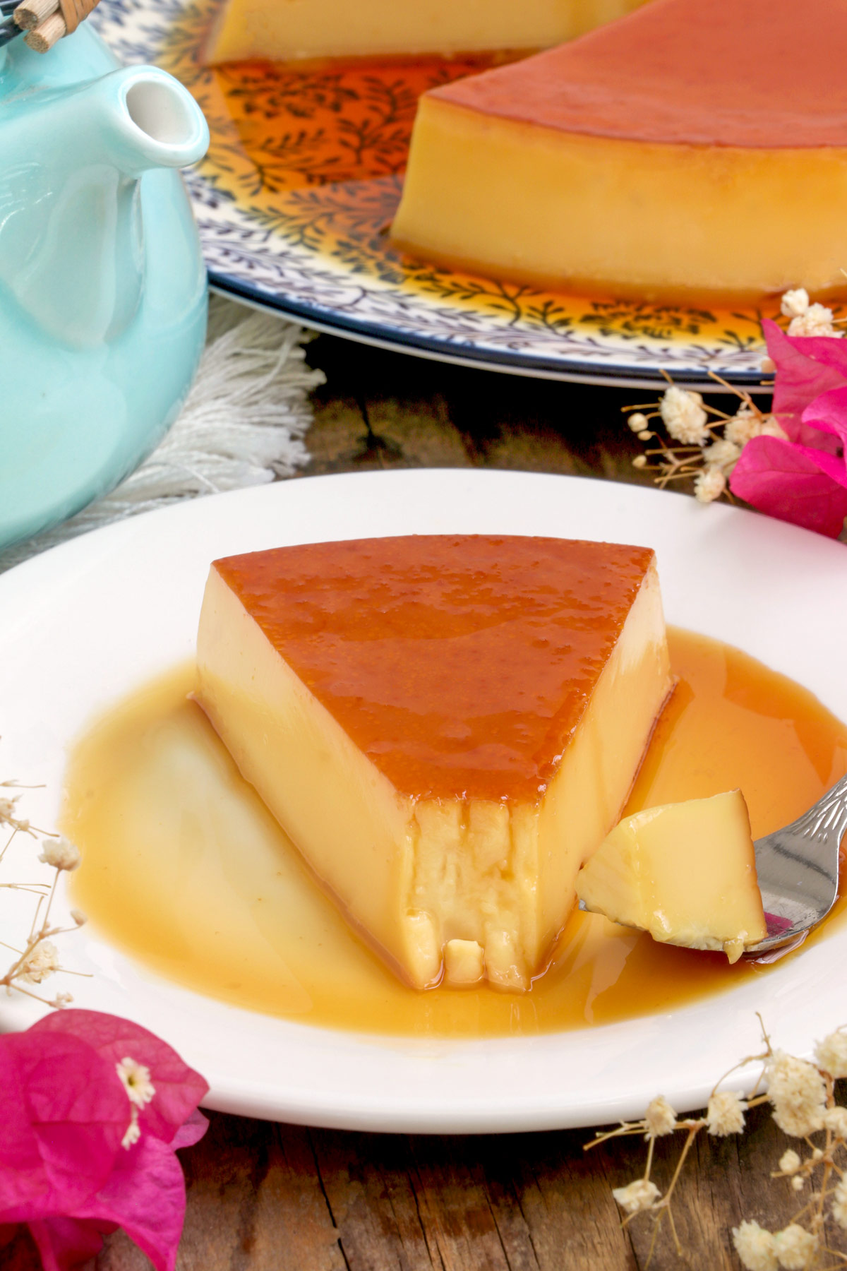 A slice of leche flan using whole eggs.